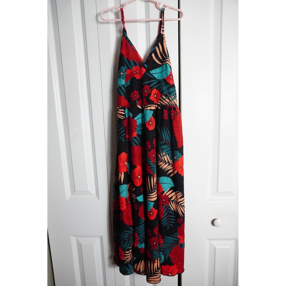 Tropical Maxi Dress 10-11Y Floral Hibiscus Print Black Red